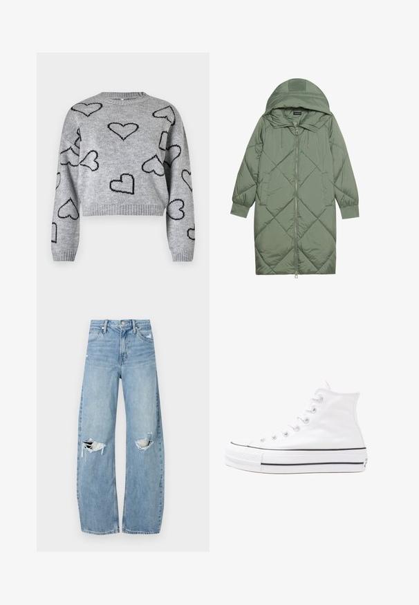Prostorna dolga zeleni puffer plašč s kapuco, z zadrgo spredaj in dvema stranskima žepoma. Tekstura z diamantnim vzorcem po celotni površini.; Siv krojen pulover iz pletenine z okroglo ovratnico in prirezanim dizajnom, okrašen z črnimi srci po celotni površini. Ribujoči manšeti in rob.; Svijetloplave traperice visoki struk. Imaju široke nogavice, dva poderana područja na koljenima i klasičan petotoksi stil.; Beli visoki platneni športni čevelj z črnim gumijastim podplatom, sprednjim gumijastim zaščitnikom za prste in šestimi luknjicami za vezalke, ki se ponaša s preprostim, minimalističnim dizajnom.