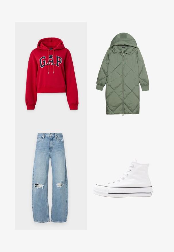 Steppelt, hosszú zöld pufikabát kapucnival, elöl cipzáras záródással és két oldalsó zsebből áll. Az anyagon teljes hosszában váltakozó gyémántmintázat található.; Piros, pamutból készült cropped kapucnis felső, amelyen egy sötétkék hímzett "GAP" logó található szív részlettel. Zsinórral és hosszú ujjakkal rendelkezik.; Világoskék, magas derekú farmernadrág. Széles lábakkal, két szakadt térddel és klasszikus öt zsebes dizájnnal rendelkezik.; Fehér magaskorsó vászon sportcipő fekete gumi talppal, elülső gumi orrnyereggel és hat fűzőlyukkal, letisztult, minimalista dizájnnal.