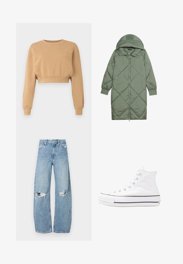 Cappotto lungo imbottito verde con un cappuccio, caratterizzato da una chiusura frontale a zip e due tasche laterali. Motivo a rombi testurizzati su tutta la superficie.; Felpa corta di colore marrone chiaro, realizzata in tessuto morbido. Presenta maniche lunghe, un collo rotondo e un elastico discreto nei polsini e nell'orlo.; Jeans azzurri chiari a vita alta realizzati in denim. Presentano gambe larghe, due aree strappate sulle ginocchia e il classico styling a cinque tasche.; Sneaker alta in tela bianca con suola in gomma nera, punta in gomma frontale e sei asole per i lacci, caratterizzata da un design pulito e minimalista.
