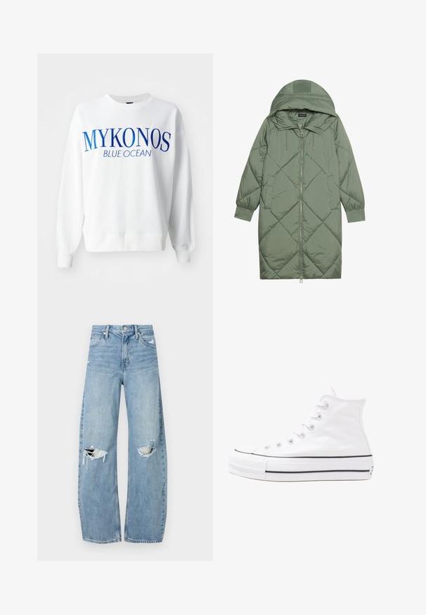 Quiltet lang grønn pufferjakke med hette, med en frontglidelås og to sidelommer. Teksturerte diamantmønster overalt.; Hvit hettegenser med blå tekst "MYKONOS BLUE OCEAN". Har rund hals, lange ermer og ribbestrikkede mansjetter og fald. Laget av myk bomullsmateriale.; Lyseblå høytlivsjeans laget av denim. Har vide bein, to revne knær og klassisk fem-lommers design.; Hvit høy-skinn kanvas sneakers med svart gummisåle, gummitåhette foran og seks hull for snorer, med et rent, minimalistisk design.