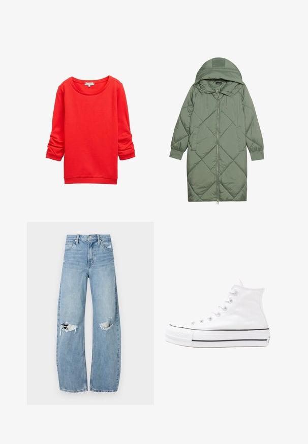 Prostorna dolga zeleni puffer plašč s kapuco, z zadrgo spredaj in dvema stranskima žepoma. Tekstura z diamantnim vzorcem po celotni površini.; Rdeča majica s kapuco, okroglim izrezom in dolgimi rokavi, ki imajo naborke, ter teksturirano tkanino. Rebrasti manšeti in rob.; Svijetloplave traperice visoki struk. Imaju široke nogavice, dva poderana područja na koljenima i klasičan petotoksi stil.; Beli visoki platneni športni čevelj z črnim gumijastim podplatom, sprednjim gumijastim zaščitnikom za prste in šestimi luknjicami za vezalke, ki se ponaša s preprostim, minimalističnim dizajnom.