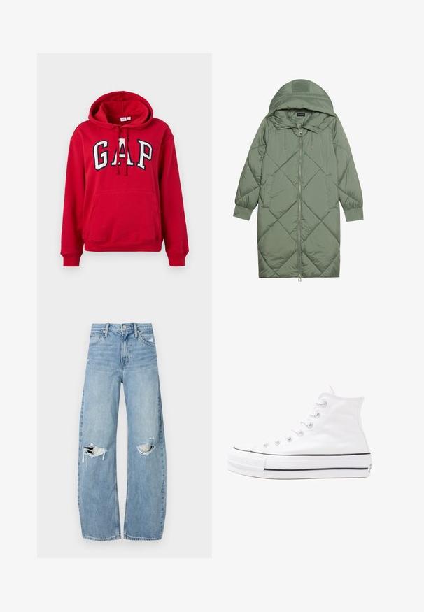 Quilted long green puffer coat with a hood, featuring a front zipper closure and two side pockets. Textured diamond pattern throughout.; GAP HERITAGE - Sweatshirt - modern red; Light blue, high-waisted jeans made of denim. Feature wide legs, two torn knee areas, and classic five-pocket styling.; White high-top canvas sneaker with black rubber sole, front rubber toe cap, and six eyelets for laces, featuring a clean, minimalist design.