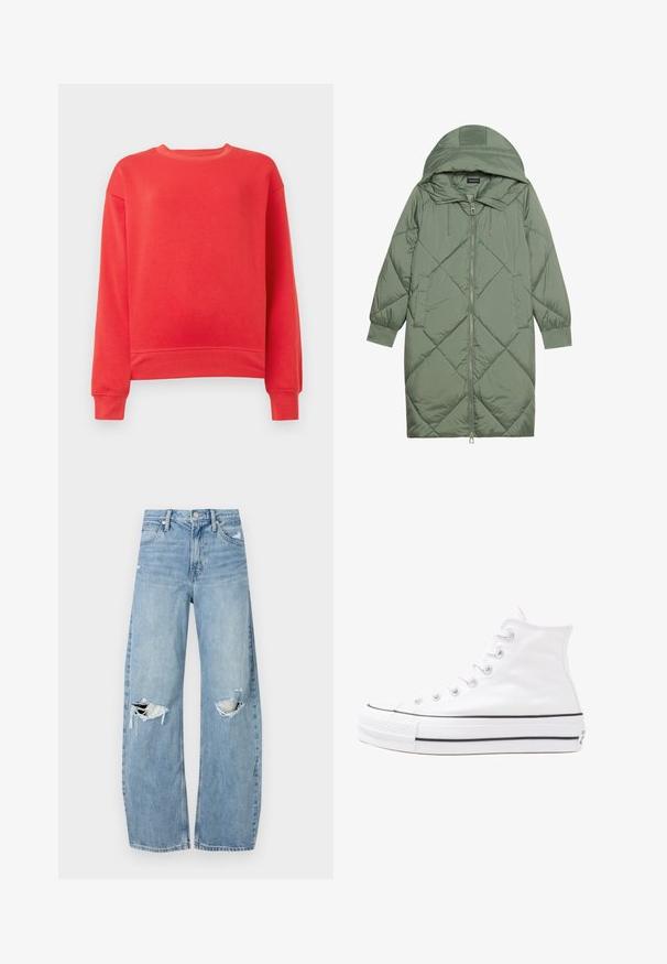 Cappotto lungo imbottito verde con un cappuccio, caratterizzato da una chiusura frontale a zip e due tasche laterali. Motivo a rombi testurizzati su tutta la superficie.; Felpa rossa realizzata in materiale morbido, con scollatura rotonda, maniche lunghe e polsi e orlo a coste. Design semplice e monocolore.; Jeans azzurri chiari a vita alta realizzati in denim. Presentano gambe larghe, due aree strappate sulle ginocchia e il classico styling a cinque tasche.; Sneaker alta in tela bianca con suola in gomma nera, punta in gomma frontale e sei asole per i lacci, caratterizzata da un design pulito e minimalista.