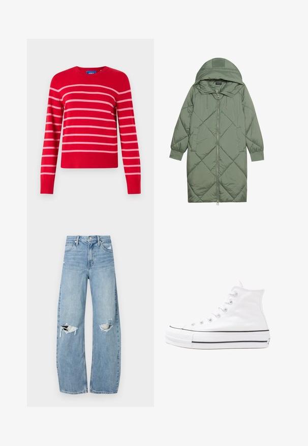 Prostorna dolga zeleni puffer plašč s kapuco, z zadrgo spredaj in dvema stranskima žepoma. Tekstura z diamantnim vzorcem po celotni površini.; Rdeča majica s kapuco z roza vodoravnimi črtami, okroglo izrezom, dolgimi rokavi, rebrastimi manšeti in robom. Narejena iz mehkega pletenega materiala.; Svijetloplave traperice visoki struk. Imaju široke nogavice, dva poderana područja na koljenima i klasičan petotoksi stil.; Beli visoki platneni športni čevelj z črnim gumijastim podplatom, sprednjim gumijastim zaščitnikom za prste in šestimi luknjicami za vezalke, ki se ponaša s preprostim, minimalističnim dizajnom.