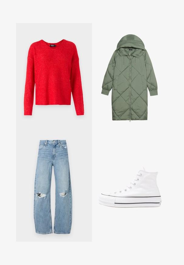 Quiltuotas ilgas žalias pūkinis paltas su kapuce, turintis priekinį užtrauktuką ir dvi šonines kišenes. Visame paviršiuje yra tekstūrinis rombų raštas.; ONLY ONLCAMILLA V NECK - Džemperis - true red; Šviesiai mėlynos, aukštu juosmeniu džinsai pagaminti iš džinsinio audinio. Turi plačias kojų kelnes, dvi suplėšytas kelio vietas ir klasikinį penkių kišenių dizainą.; Balti aukštakulniai drobės sportbačiai su juodu guminio pado, priekinio guminio piršto dangteliu ir šešiais akytėmis raištams, pasižymintys švariu, minimalistiniu dizainu.