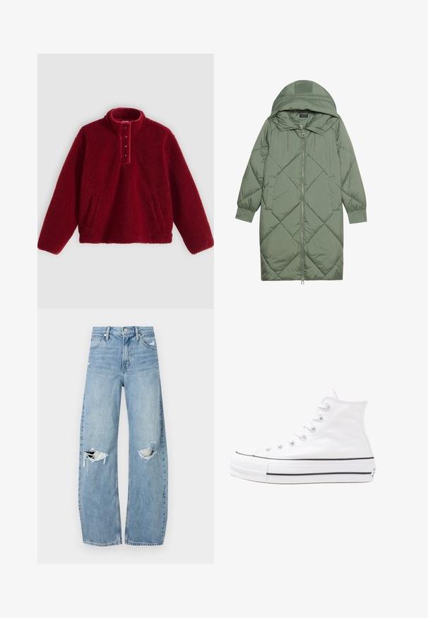 Izšūts garš zaļš pūšļa mētelis ar kapuci, ar priekšējo rāvējslēdzēju un divām sānu kabatām. Visā virsmā ir teksturēta dimanta raksts.; Sarkans flīsa džemperis ar augstu apkakli un četru pogu aizdares joslu, divām sānu kabatām un mīkstu, teksturētu virsmu.; Gaiši zili, augstās vidukļa džinsi, kas izgatavoti no denima. Iespējas plašas kājas, divas plēstas ceļa daļas un klasiskā piecu kabatu dizains.; Balti augstie kanvas sporta apavi ar melnu gumijas zoli, priekšējo gumijas purngalu un sešām acīm lencēm, kuriem ir tīrs, minimālistisks dizains.