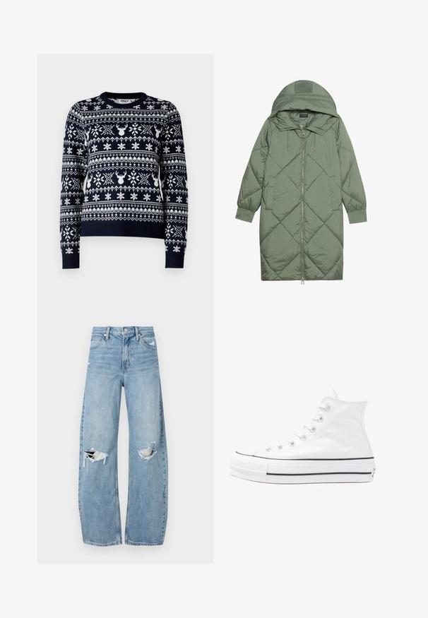 Puchowy, długi, zielony płaszcz z kapturem, z zamkiem błyskawicznym z przodu i dwoma bocznymi kieszeniami. Całość pokryta fakturowanym wzorem diamentowym.; Granatowy sweter robiony na drutach z białymi wzorami śnieżynek i reniferów, okrągłym dekoltem, długimi rękawami i ściągaczem.; Jasnoniebieskie, wysokiej talii dżinsy wykonane z denimu. Posiadają szerokie nogawki, dwa podarte miejsca na kolanach oraz klasyczne pięć kieszeni.; Białe wysokie trampki z płótna z czarną gumową podeszwą, przednim czubkiem z gumy i sześcioma dziurkami na sznurowadła, charakteryzujące się prostym, minimalistycznym designem.