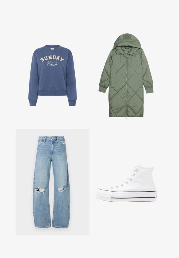 Vihreä vuorattu pitkänmallinen puhvitakki, jossa on huppu, etuvetoketju ja kaksi sivutaskua. Koko takin pinta on teksturoidussa timanttikuviossa.; Sininen crewneck-huppari, jossa edessä valkoisilla tekstuurilla painettu "SUNDAY Club" ja pitkät ribbikujat.; Vaaleansiniset, korkeavyötäröiset farkut, jotka on valmistettu denimmateriaalista. Ominaisuuksiin kuuluvat leveät lahkeet, kaksi revittyä polvialuetta ja klassinen viiden taskun tyyli.; Valkoiset korkeavartiset kangaskengät mustalla kumipohjalla, edessä kuminen varvasosa ja kuusi nauha-aukkoa, puhtaan minimalistisella muotoilulla.