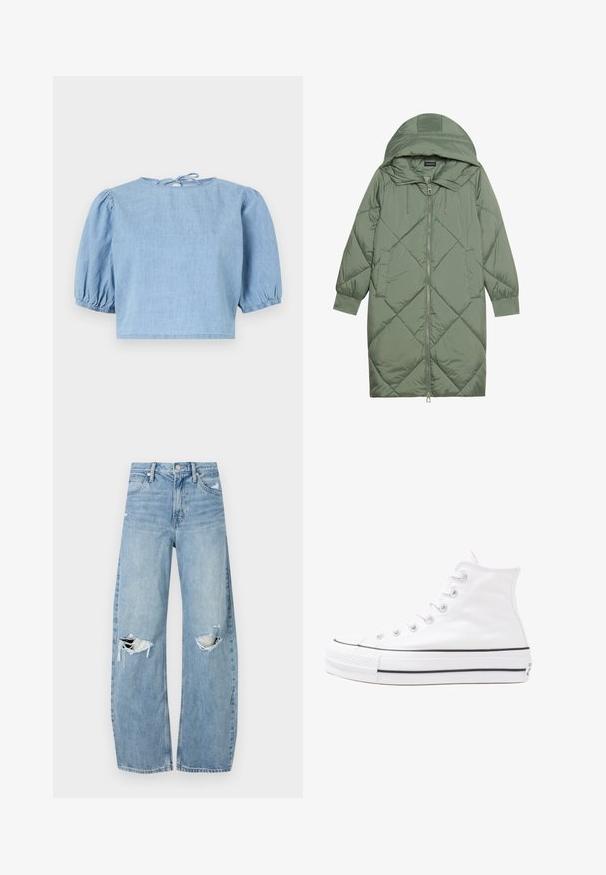 Pistetud pikk roheline puffermantel kapuutsiga, esiküljel tõmblukuga ja kahe küljetaskuga. Kogu pinnal on struktureeritud rombikujundus.; Hele hall sinine denimpaita lühikeste puhvärvidega, ümara kaelusega ja tagaküljel sidumisvõimalusega. Sile tekstuur ja lühike lõige.; Heledad hallideega sinised teksad, millel on kõrge talje. Teksade jalgadel on lai alus, kaks rebitud kohta põlvede ümber ning klassikaline viie tasku stiil.; Valge kõrgem kangast tenniseking, millel on must kummist tald, ees kummist varvasetugi ja kuus aukku paelte jaoks, pakkudes puhta ja minimalistliku disaini.