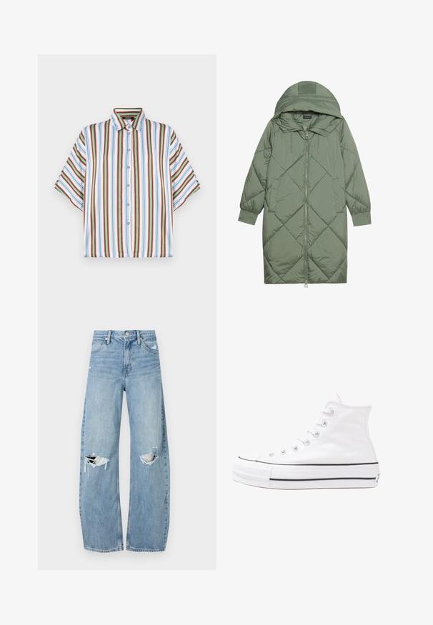 Quiltet lang grønn pufferjakke med hette, med en frontglidelås og to sidelommer. Teksturerte diamantmønster overalt.; Korte ermers button-up skjorte med vertikale striper i rød, blå, grønn og hvit. Laget av lett stoff med klassisk krage.; Lyseblå høytlivsjeans laget av denim. Har vide bein, to revne knær og klassisk fem-lommers design.; Hvit høy-skinn kanvas sneakers med svart gummisåle, gummitåhette foran og seks hull for snorer, med et rent, minimalistisk design.