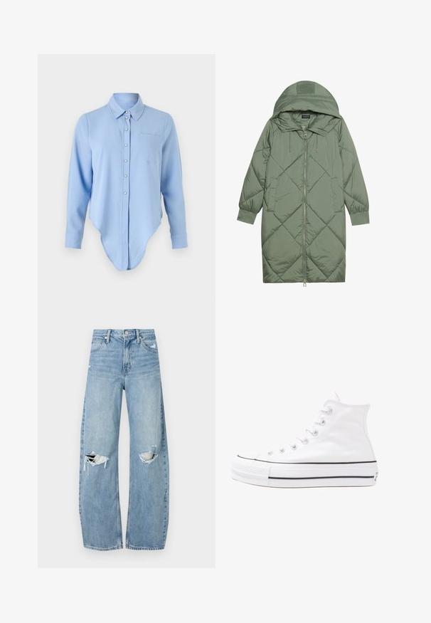 Quilted long green puffer coat with a hood, featuring a front zipper closure and two side pockets. Textured diamond pattern throughout.; Light blue long-sleeve shirt with a rounded hem, button front, collared neckline, and left chest pocket. Soft texture with subtle sheen.; Light blue, high-waisted jeans made of denim. Feature wide legs, two torn knee areas, and classic five-pocket styling.; White high-top canvas sneaker with black rubber sole, front rubber toe cap, and six eyelets for laces, featuring a clean, minimalist design.