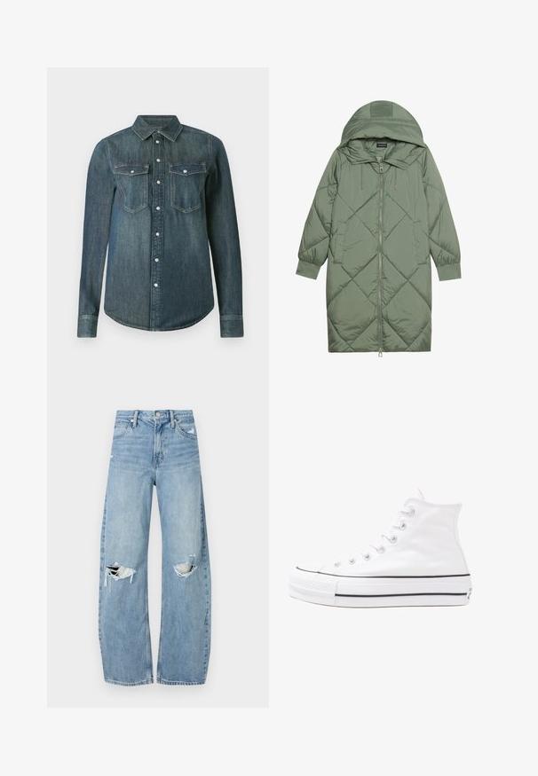 Izšūts garš zaļš pūšļa mētelis ar kapuci, ar priekšējo rāvējslēdzēju un divām sānu kabatām. Visā virsmā ir teksturēta dimanta raksts.; Tumšzilgs, garām piedurknēm, džinsu krekls ar norādītu apkakli, divām krūšu kabatām un pogu aizdari pa priekšu.; Gaiši zili, augstās vidukļa džinsi, kas izgatavoti no denima. Iespējas plašas kājas, divas plēstas ceļa daļas un klasiskā piecu kabatu dizains.; Balti augstie kanvas sporta apavi ar melnu gumijas zoli, priekšējo gumijas purngalu un sešām acīm lencēm, kuriem ir tīrs, minimālistisks dizains.