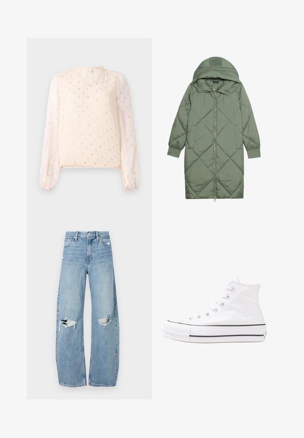 Gesteppten langer grüner Daunenmantel mit Kapuze, mit einem Reißverschluss vorne und zwei Seitentaschen. Strukturiertes Rautenmuster auf der gesamten Fläche.; Helles Pfirsichbluse mit V-Ausschnitt, durchsichtigen Puffärmeln und kleinem metallischen Punktmuster. Weicher Stoff mit gerafften elastischen Bündchen.; Helles, hochtailliertes Jeans aus Denim. Hat weit geschnittene Beine, zwei aufgerissene Kniebereiche und klassischen Fünf-Taschen-Stil.; Weiße hochwertige Leinensneaker mit schwarzer Gummisohle, vorderem Gummizehenschutz und sechs Ösen für Schnürsenkel, die ein sauberes, minimalistisches Design aufweisen.