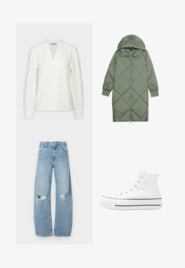 Manteau matelassé long vert avec capuche, doté d'une fermeture éclair à l'avant et de deux poches latérales. Motif en losanges texturé sur toute sa surface.; Haut à manches longues blanc avec un col en V et des poignets froncés. Fabriqué en tissu doux, il présente une coupe décontractée et une texture subtile. Étiquette de marque visible.; Jeans en denim bleu clair à taille haute. Présentent des jambes larges, deux zones déchirées aux genoux et un style classique à cinq poches.; Baskets montantes en toile blanche avec semelle en caoutchouc noir, capuchon en caoutchouc à l'avant, et six œillets pour les lacets, présentant un design épuré et minimaliste.