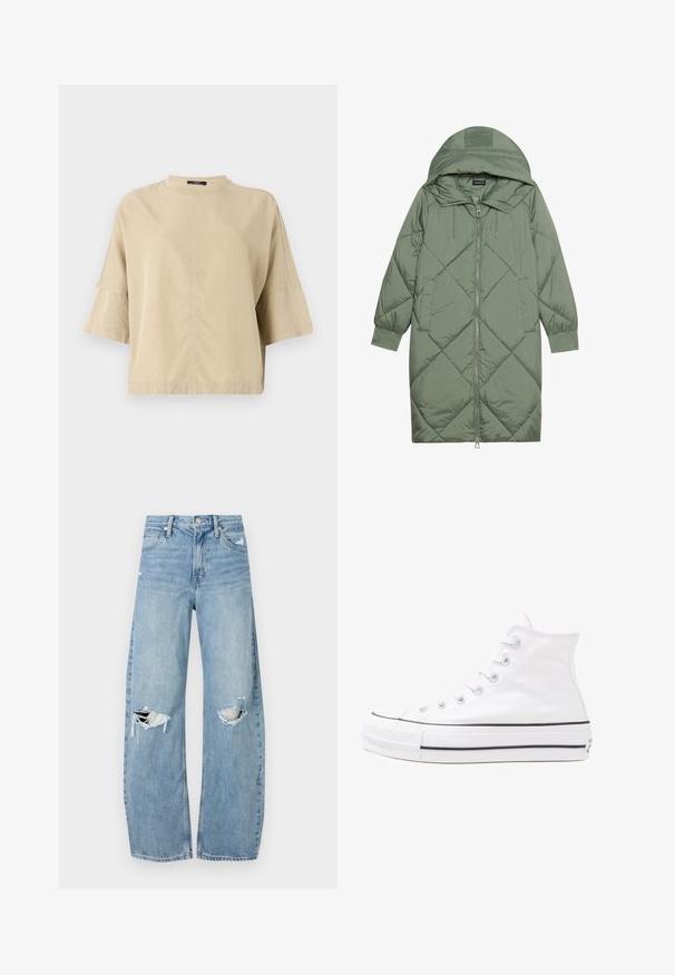 Abrigo acolchado largo verde tipo puffer con capucha, que presenta un cierre frontal con cremallera y dos bolsillos laterales. Patrón de diamantes texturizado en toda su superficie.; Top beige de manga corta con un cuello alto, corte relajado y un sutil detalle de costura por la parte delantera. Fabricado en un tejido suave y ligero.; Vaqueros de mezclilla de tiro alto en azul claro. Tienen piernas anchas, dos áreas desgastadas en las rodillas y un estilo clásico de cinco bolsillos.; Zapatilla de lona alta blanca con suela de goma negra, puntera de goma frontal y seis ojetes para los cordones, que presenta un diseño limpio y minimalista.