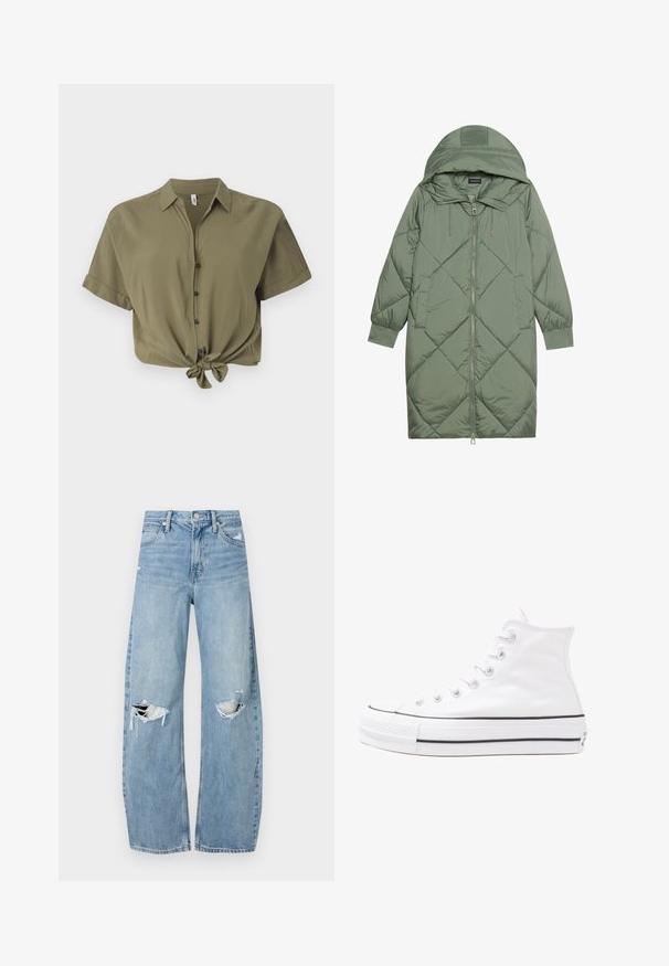 Prostorna dolga zeleni puffer plašč s kapuco, z zadrgo spredaj in dvema stranskima žepoma. Tekstura z diamantnim vzorcem po celotni površini.; Olivnozeleni krojeni srajčni zgornji del iz mehkega blaga, ki ima kratke rokave, detajl s vezanjem spredaj in črne gumbe.; Svijetloplave traperice visoki struk. Imaju široke nogavice, dva poderana područja na koljenima i klasičan petotoksi stil.; Beli visoki platneni športni čevelj z črnim gumijastim podplatom, sprednjim gumijastim zaščitnikom za prste in šestimi luknjicami za vezalke, ki se ponaša s preprostim, minimalističnim dizajnom.