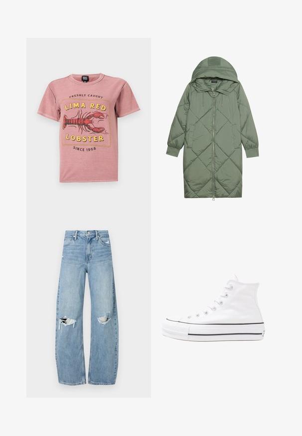Casaco puffer longo verde acolchoado com capuz, apresentando um fecho frontal com zíper e dois bolsos laterais. Padrão texturizado em forma de diamante por todo o casaco.; Camiseta de algodão rosa com um gráfico de lagosta e o texto "LIMA RED LOBSTER" em amarelo e preto, decote redondo e mangas curtas.; Jeans de lavagem clara, de cintura alta, feitos de denim. Apresentam pernas largas, duas áreas rasgadas nos joelhos e o estilo clássico de cinco bolsos.; Sapatilha alta de tela branca com sola de borracha preta, bico de borracha na frente e seis ilhós para os atacadores, apresentando um design limpo e minimalista.