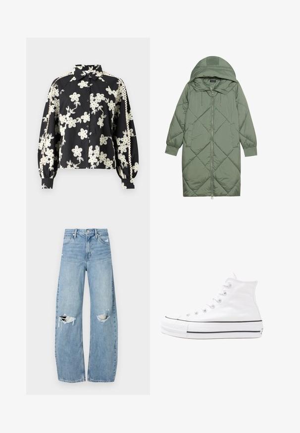 Casaco puffer longo verde acolchoado com capuz, apresentando um fecho frontal com zíper e dois bolsos laterais. Padrão texturizado em forma de diamante por todo o casaco.; Camisa preta com bordado floral branco, design de gola, com botões na frente e mangas longas bufantes com acabamento em renda nas costuras laterais.; Jeans de lavagem clara, de cintura alta, feitos de denim. Apresentam pernas largas, duas áreas rasgadas nos joelhos e o estilo clássico de cinco bolsos.; Sapatilha alta de tela branca com sola de borracha preta, bico de borracha na frente e seis ilhós para os atacadores, apresentando um design limpo e minimalista.