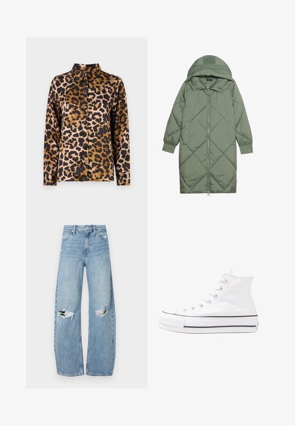 Puchowy, długi, zielony płaszcz z kapturem, z zamkiem błyskawicznym z przodu i dwoma bocznymi kieszeniami. Całość pokryta fakturowanym wzorem diamentowym.; Koszula z długim rękawem z brązowym i czarnym krojem w lwy cętki oraz klasycznym kołnierzykiem na jednolitym jasnym tle.; Jasnoniebieskie, wysokiej talii dżinsy wykonane z denimu. Posiadają szerokie nogawki, dwa podarte miejsca na kolanach oraz klasyczne pięć kieszeni.; Białe wysokie trampki z płótna z czarną gumową podeszwą, przednim czubkiem z gumy i sześcioma dziurkami na sznurowadła, charakteryzujące się prostym, minimalistycznym designem.