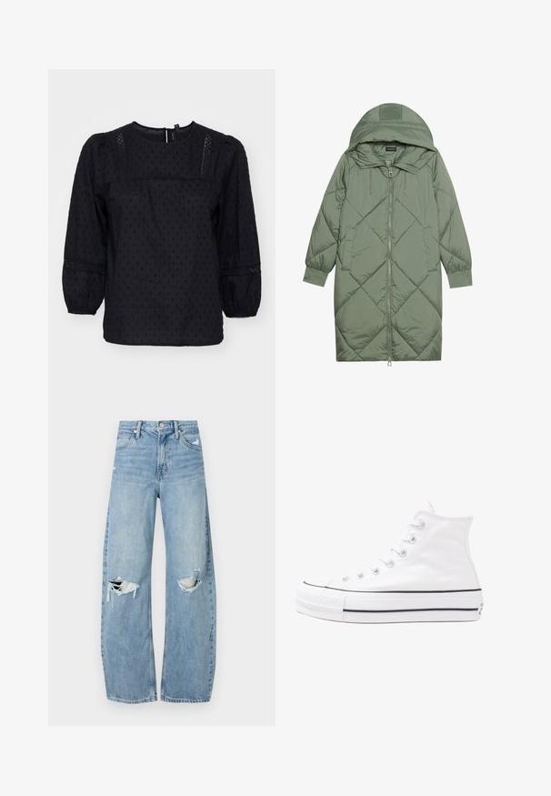 Vadderad lång grön pufferjacka med huva, med en framsidan dragkedjestängning och två sidofickor. Strukturerad diamantmönster över hela plagget.; Svart blus med puffärmar, texturerade prickar och spetsdetaljer på axlar och manschetter. Rund halsringning. Mjukt tyg.; Ljusblå, högmidjade jeans i denim. Har vida ben, två slitna knäområden och klassisk femfickedesign.; Vit hög topp canvas sneaker med svart gummisulan, framsidan gummitåhätta och sex öglor för snören, med en ren, minimalistisk design.