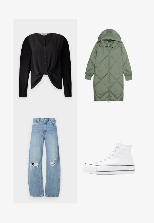 Abrigo acolchado largo verde tipo puffer con capucha, que presenta un cierre frontal con cremallera y dos bolsillos laterales. Patrón de diamantes texturizado en toda su superficie.; Blusa negra con escote en V, mangas largas y cierre de botones en la parte frontal. Presenta un detalle de nudo en la cintura y una textura de tela suave.; Vaqueros de mezclilla de tiro alto en azul claro. Tienen piernas anchas, dos áreas desgastadas en las rodillas y un estilo clásico de cinco bolsillos.; Zapatilla de lona alta blanca con suela de goma negra, puntera de goma frontal y seis ojetes para los cordones, que presenta un diseño limpio y minimalista.