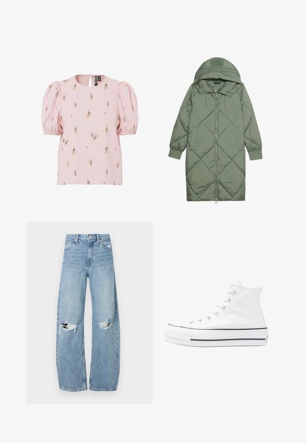 Cappotto lungo imbottito verde con un cappuccio, caratterizzato da una chiusura frontale a zip e due tasche laterali. Motivo a rombi testurizzati su tutta la superficie.; Blusa rosa con texture e maniche a sbuffo, caratterizzata da un motivo floreale giallo e viola. Collo rotondo con una piccola apertura a forma di chiave sul retro.; Jeans azzurri chiari a vita alta realizzati in denim. Presentano gambe larghe, due aree strappate sulle ginocchia e il classico styling a cinque tasche.; Sneaker alta in tela bianca con suola in gomma nera, punta in gomma frontale e sei asole per i lacci, caratterizzata da un design pulito e minimalista.