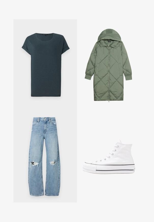 Zelený prešívaný páperový kabát s kapucňou, so zipsovým uzáverom vpredu a dvoma bočnými vreckami. Po celom povrchu je textúrovaný diamantový vzor.; Tmavošedé tričko s krátkym rukávom, okrúhlym výstrihom, jemnou textúrou a vyrolovanými rukávmi, s jednoduchým, bezvýzdobným dizajnom.; Svetlomodré, vysoké džínsy vyrobené z denimu. Majú široké nohavice, dve roztrhnuté kolená a klasický päťvreckový strih.; Biele vysoké plátené tenisky s čiernou gumovou podošvou, prednou gumovou špičkou a šiestimi okami na šnúrky, s čistým, minimalistickým dizajnom.