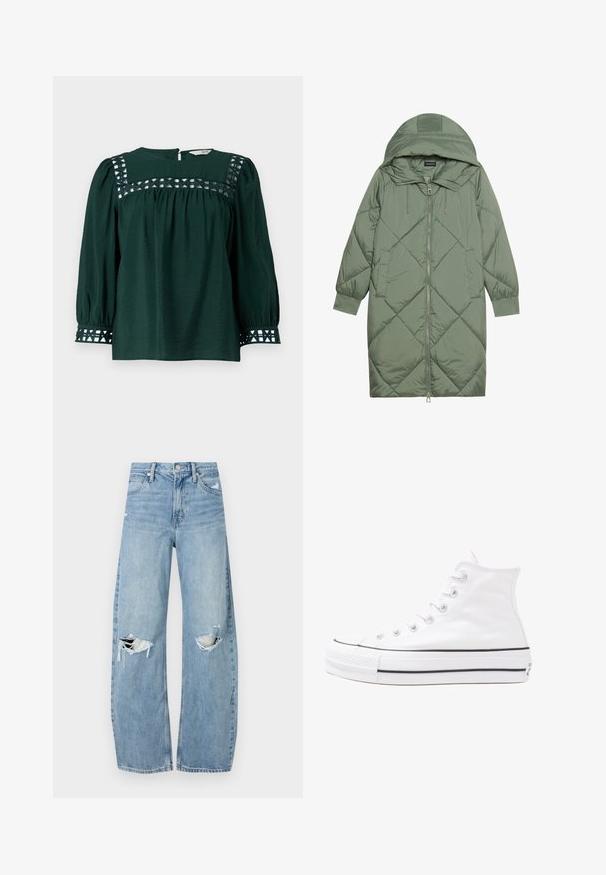 Cappotto lungo imbottito verde con un cappuccio, caratterizzato da una chiusura frontale a zip e due tasche laterali. Motivo a rombi testurizzati su tutta la superficie.; Blusa verde scuro con maniche lunghe a sbuffo, tessuto testurizzato e ritagli decorativi sullo scollo e sui polsini. Chiusura a chiave sulla schiena.; Jeans azzurri chiari a vita alta realizzati in denim. Presentano gambe larghe, due aree strappate sulle ginocchia e il classico styling a cinque tasche.; Sneaker alta in tela bianca con suola in gomma nera, punta in gomma frontale e sei asole per i lacci, caratterizzata da un design pulito e minimalista.