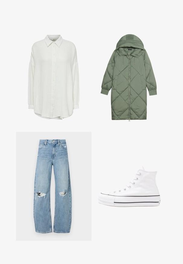 Gesteppten langer grüner Daunenmantel mit Kapuze, mit einem Reißverschluss vorne und zwei Seitentaschen. Strukturiertes Rautenmuster auf der gesamten Fläche.; Weißes, zerknittertes Hemd mit Kragen, langen Ärmeln und lockerer Passform, aus strukturiertem Stoff und mit Knopfverschluss auf der Vorderseite.; Helles, hochtailliertes Jeans aus Denim. Hat weit geschnittene Beine, zwei aufgerissene Kniebereiche und klassischen Fünf-Taschen-Stil.; Weiße hochwertige Leinensneaker mit schwarzer Gummisohle, vorderem Gummizehenschutz und sechs Ösen für Schnürsenkel, die ein sauberes, minimalistisches Design aufweisen.