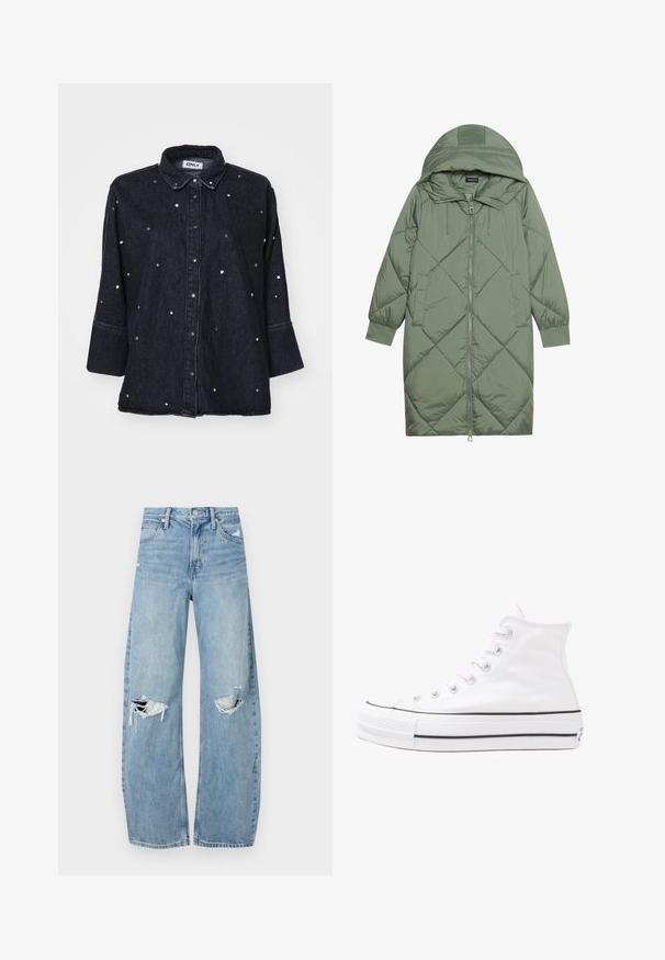 Pistetud pikk roheline puffermantel kapuutsiga, esiküljel tõmblukuga ja kahe küljetaskuga. Kogu pinnal on struktureeritud rombikujundus.; ONLY ONLGRACE 3/4 RHINESTONE - Nööpidega pluus - washed black; Heledad hallideega sinised teksad, millel on kõrge talje. Teksade jalgadel on lai alus, kaks rebitud kohta põlvede ümber ning klassikaline viie tasku stiil.; Valge kõrgem kangast tenniseking, millel on must kummist tald, ees kummist varvasetugi ja kuus aukku paelte jaoks, pakkudes puhta ja minimalistliku disaini.