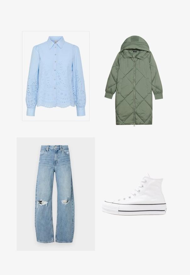 Puchowy, długi, zielony płaszcz z kapturem, z zamkiem błyskawicznym z przodu i dwoma bocznymi kieszeniami. Całość pokryta fakturowanym wzorem diamentowym.; Jasnoniebieska bluzka z guzikiem z przodu, z wyciąganym kołnierzykiem, długimi bufiastymi rękawami i haftowanym wzorem w oczka. Detal w postaci falbaniastego wykończenia dołu.; Jasnoniebieskie, wysokiej talii dżinsy wykonane z denimu. Posiadają szerokie nogawki, dwa podarte miejsca na kolanach oraz klasyczne pięć kieszeni.; Białe wysokie trampki z płótna z czarną gumową podeszwą, przednim czubkiem z gumy i sześcioma dziurkami na sznurowadła, charakteryzujące się prostym, minimalistycznym designem.