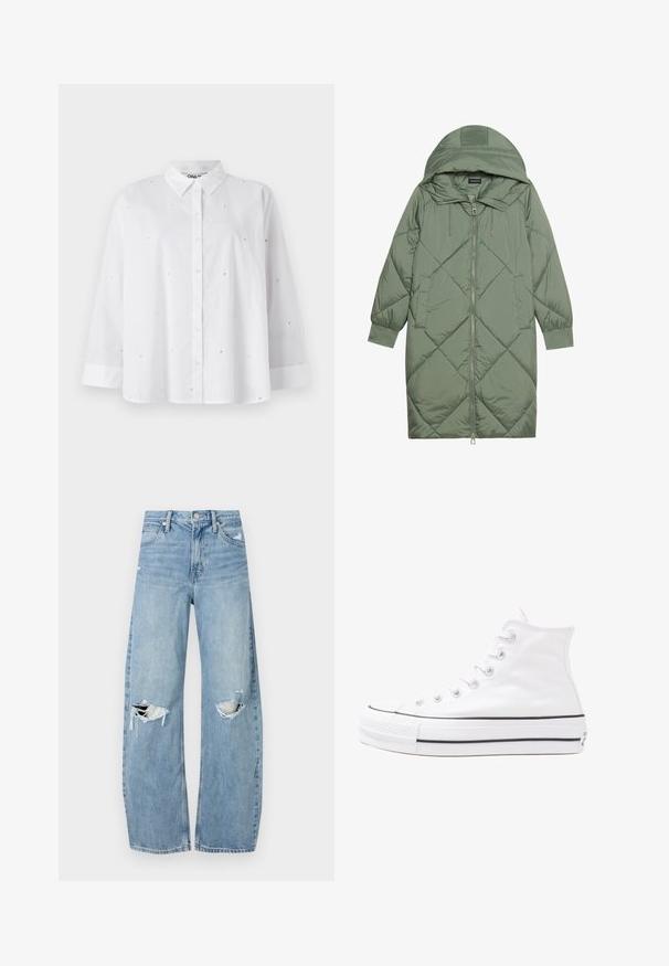 Quiltet lang grønn pufferjakke med hette, med en frontglidelås og to sidelommer. Teksturerte diamantmønster overalt.; Hvit skjorte med knapper laget av lett stoff, med små hjerteformede utskjæringer, lange ermer og klassisk krage.; Lyseblå høytlivsjeans laget av denim. Har vide bein, to revne knær og klassisk fem-lommers design.; Hvit høy-skinn kanvas sneakers med svart gummisåle, gummitåhette foran og seks hull for snorer, med et rent, minimalistisk design.