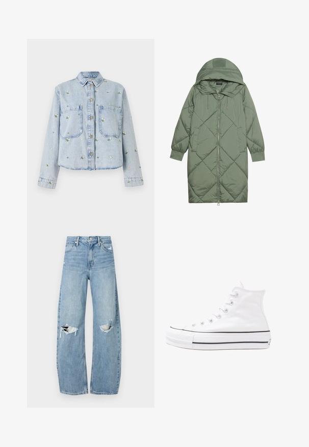 Quilted long green puffer coat with a hood, featuring a front zipper closure and two side pockets. Textured diamond pattern throughout.; Light blue denim jacket with floral embroidery, features two front pockets, button closure, and a collared neck. Casual fit with stitched hem.; Light blue, high-waisted jeans made of denim. Feature wide legs, two torn knee areas, and classic five-pocket styling.; White high-top canvas sneaker with black rubber sole, front rubber toe cap, and six eyelets for laces, featuring a clean, minimalist design.