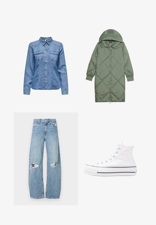 Izšūts garš zaļš pūšļa mētelis ar kapuci, ar priekšējo rāvējslēdzēju un divām sānu kabatām. Visā virsmā ir teksturēta dimanta raksts.; Gaiši zila džinsu krekls ar apkakli, garām piedurknēm, divām krūšu kabatām un sudraba spiedpogām gar priekšpusi. Gluda tekstūra.; Gaiši zili, augstās vidukļa džinsi, kas izgatavoti no denima. Iespējas plašas kājas, divas plēstas ceļa daļas un klasiskā piecu kabatu dizains.; Balti augstie kanvas sporta apavi ar melnu gumijas zoli, priekšējo gumijas purngalu un sešām acīm lencēm, kuriem ir tīrs, minimālistisks dizains.