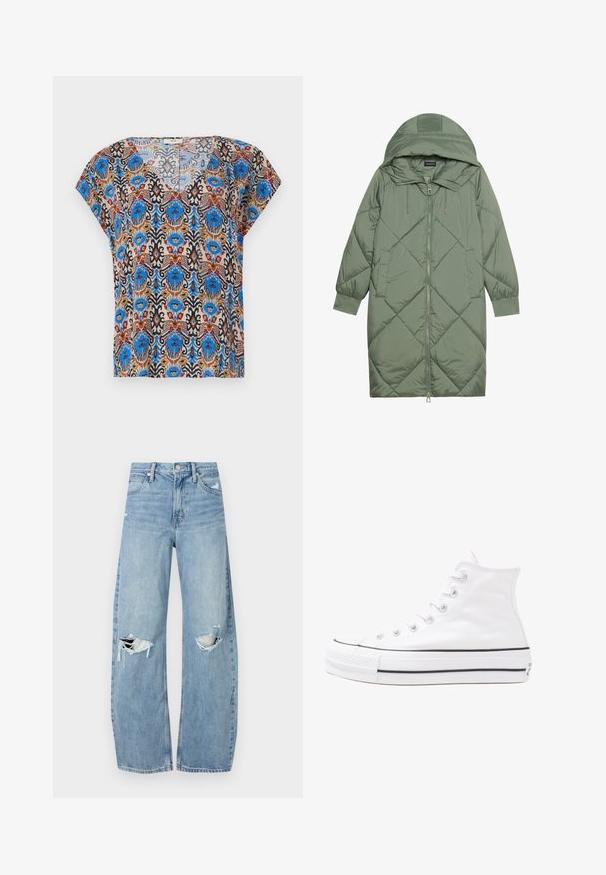 Casaco puffer longo verde acolchoado com capuz, apresentando um fecho frontal com zíper e dois bolsos laterais. Padrão texturizado em forma de diamante por todo o casaco.; Blusa de mangas curtas com um padrão colorido e intrincado, destacando acentos em azul, castanho, vermelho e preto sobre um fundo claro. Design em forma de V.; Jeans de lavagem clara, de cintura alta, feitos de denim. Apresentam pernas largas, duas áreas rasgadas nos joelhos e o estilo clássico de cinco bolsos.; Sapatilha alta de tela branca com sola de borracha preta, bico de borracha na frente e seis ilhós para os atacadores, apresentando um design limpo e minimalista.