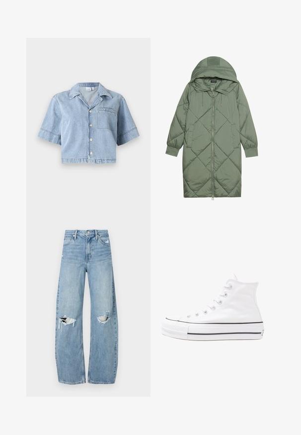 Casaco puffer longo verde acolchoado com capuz, apresentando um fecho frontal com zíper e dois bolsos laterais. Padrão texturizado em forma de diamante por todo o casaco.; Camisa de denim azul claro, curta, com mangas curtas, gola pontiaguda, bolso frontal e fecho de cinco botões prateados. Textura suave, design casual.; Jeans de lavagem clara, de cintura alta, feitos de denim. Apresentam pernas largas, duas áreas rasgadas nos joelhos e o estilo clássico de cinco bolsos.; Sapatilha alta de tela branca com sola de borracha preta, bico de borracha na frente e seis ilhós para os atacadores, apresentando um design limpo e minimalista.