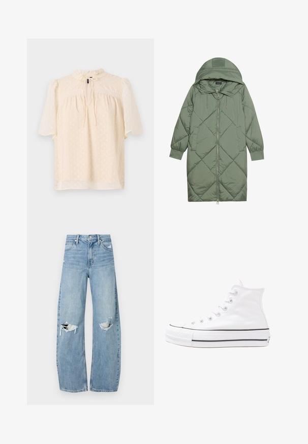 Quiltuotas ilgas žalias pūkinis paltas su kapuce, turintis priekinį užtrauktuką ir dvi šonines kišenes. Visame paviršiuje yra tekstūrinis rombų raštas.; Šviesiai bežinė bluzelė su pūstomis rankovėmis, tekstūruotas audinys su subtiliais taškeliais, kaklo išpjova su raišteliu ir nėriniu aplink kaklą.; Šviesiai mėlynos, aukštu juosmeniu džinsai pagaminti iš džinsinio audinio. Turi plačias kojų kelnes, dvi suplėšytas kelio vietas ir klasikinį penkių kišenių dizainą.; Balti aukštakulniai drobės sportbačiai su juodu guminio pado, priekinio guminio piršto dangteliu ir šešiais akytėmis raištams, pasižymintys švariu, minimalistiniu dizainu.