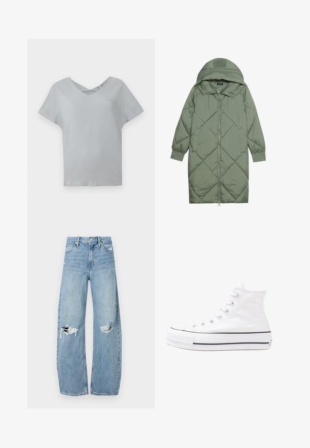 Pistetud pikk roheline puffermantel kapuutsiga, esiküljel tõmblukuga ja kahe küljetaskuga. Kogu pinnal on struktureeritud rombikujundus.; Heleda hallhall, lühikeste varrukatega, V-kaelusega ja ristatud detailiga kaeluses, valmistatud pehmest kangast, millel on sile tekstuur.; Heledad hallideega sinised teksad, millel on kõrge talje. Teksade jalgadel on lai alus, kaks rebitud kohta põlvede ümber ning klassikaline viie tasku stiil.; Valge kõrgem kangast tenniseking, millel on must kummist tald, ees kummist varvasetugi ja kuus aukku paelte jaoks, pakkudes puhta ja minimalistliku disaini.