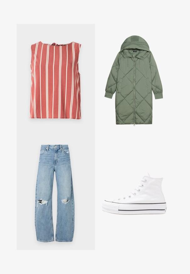 Abrigo acolchado largo verde tipo puffer con capucha, que presenta un cierre frontal con cremallera y dos bolsillos laterales. Patrón de diamantes texturizado en toda su superficie.; Camiseta de tirantes roja con rayas blancas verticales, escote redondo y detalle de lazo en la parte de atrás. Hecha de una tela ligera, presenta un corte holgado.; Vaqueros de mezclilla de tiro alto en azul claro. Tienen piernas anchas, dos áreas desgastadas en las rodillas y un estilo clásico de cinco bolsillos.; Zapatilla de lona alta blanca con suela de goma negra, puntera de goma frontal y seis ojetes para los cordones, que presenta un diseño limpio y minimalista.