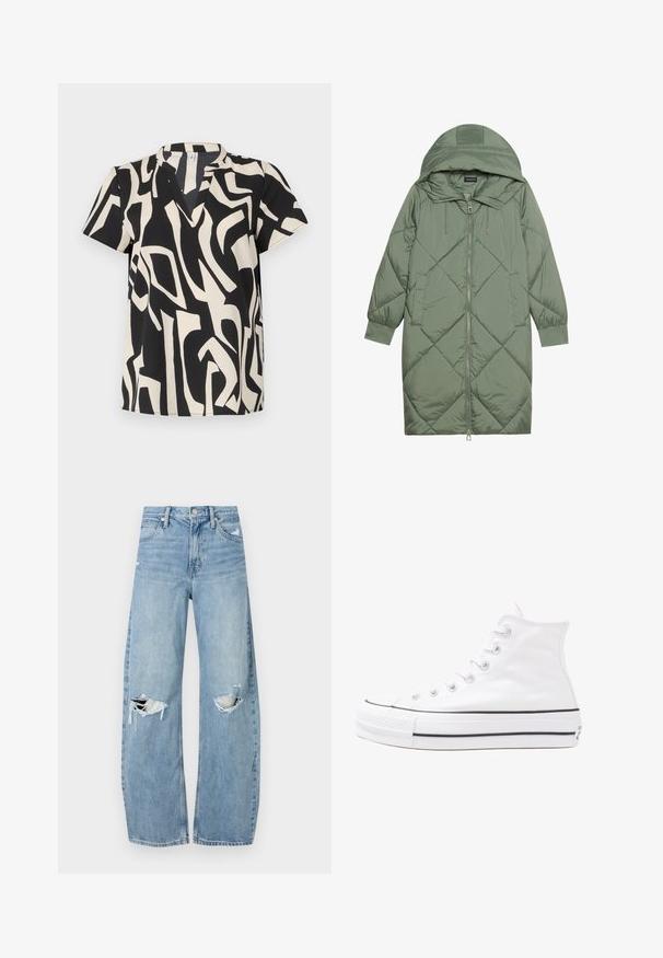Cappotto lungo imbottito verde con un cappuccio, caratterizzato da una chiusura frontale a zip e due tasche laterali. Motivo a rombi testurizzati su tutta la superficie.; Maglietta a maniche corte in crema e nero con un motivo astratto, scollo a V e tessuto leggero con una superficie liscia.; Jeans azzurri chiari a vita alta realizzati in denim. Presentano gambe larghe, due aree strappate sulle ginocchia e il classico styling a cinque tasche.; Sneaker alta in tela bianca con suola in gomma nera, punta in gomma frontale e sei asole per i lacci, caratterizzata da un design pulito e minimalista.