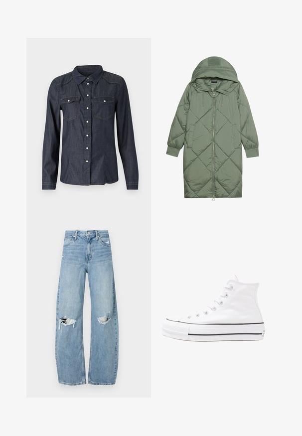Casaco puffer longo verde acolchoado com capuz, apresentando um fecho frontal com zíper e dois bolsos laterais. Padrão texturizado em forma de diamante por todo o casaco.; Camisa de botão de ganga escura com mangas longas, colarinho pontiagudo, dois bolsos no peito e detalhes de costura contrastantes. Apresenta fechos de botão brancos.; Jeans de lavagem clara, de cintura alta, feitos de denim. Apresentam pernas largas, duas áreas rasgadas nos joelhos e o estilo clássico de cinco bolsos.; Sapatilha alta de tela branca com sola de borracha preta, bico de borracha na frente e seis ilhós para os atacadores, apresentando um design limpo e minimalista.