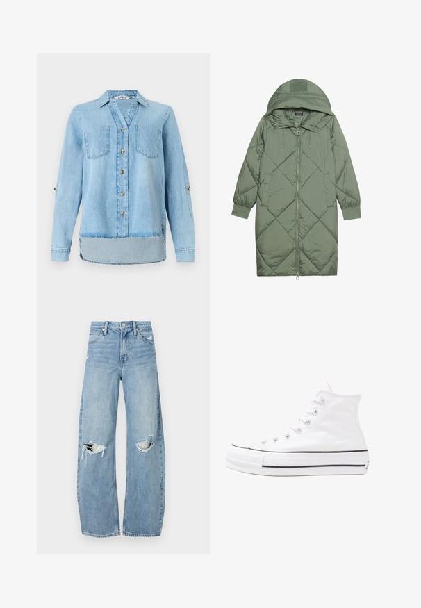Quiltet lang grønn pufferjakke med hette, med en frontglidelås og to sidelommer. Teksturerte diamantmønster overalt.; Lys blå denimskjorte med lange ermer, full knappestenging foran, to brystlommer og en svakt buet kant.; Lyseblå høytlivsjeans laget av denim. Har vide bein, to revne knær og klassisk fem-lommers design.; Hvit høy-skinn kanvas sneakers med svart gummisåle, gummitåhette foran og seks hull for snorer, med et rent, minimalistisk design.
