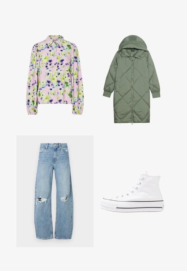 Izšūts garš zaļš pūšļa mētelis ar kapuci, ar priekšējo rāvējslēdzēju un divām sānu kabatām. Visā virsmā ir teksturēta dimanta raksts.; Ziedu blūze ar pasteļrozā audumu un zaļiem un purpursarkaniem ziedu rakstiem, ar apkakles izgriezumu un pūkainām garajām piedurknēm.; Gaiši zili, augstās vidukļa džinsi, kas izgatavoti no denima. Iespējas plašas kājas, divas plēstas ceļa daļas un klasiskā piecu kabatu dizains.; Balti augstie kanvas sporta apavi ar melnu gumijas zoli, priekšējo gumijas purngalu un sešām acīm lencēm, kuriem ir tīrs, minimālistisks dizains.