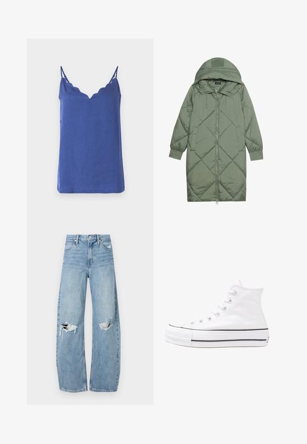 Puchowy, długi, zielony płaszcz z kapturem, z zamkiem błyskawicznym z przodu i dwoma bocznymi kieszeniami. Całość pokryta fakturowanym wzorem diamentowym.; Niebieski top na ramiączkach bez rękawów z falbaniastym dekoltem, wykonany z lekkiego materiału, z cienkimi ramiączkami i luźnym krojem.; Jasnoniebieskie, wysokiej talii dżinsy wykonane z denimu. Posiadają szerokie nogawki, dwa podarte miejsca na kolanach oraz klasyczne pięć kieszeni.; Białe wysokie trampki z płótna z czarną gumową podeszwą, przednim czubkiem z gumy i sześcioma dziurkami na sznurowadła, charakteryzujące się prostym, minimalistycznym designem.
