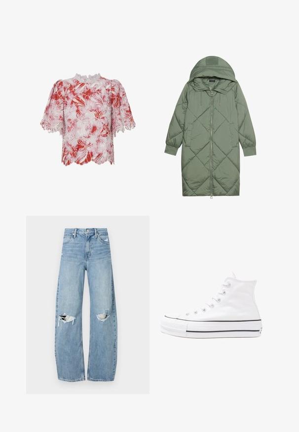 Izšūts garš zaļš pūšļa mētelis ar kapuci, ar priekšējo rāvējslēdzēju un divām sānu kabatām. Visā virsmā ir teksturēta dimanta raksts.; Sarkana un balta īsām piedurknēm blūze ar ziedu mežģīņu rakstiem, viļņotām malām un augstu kakla izgriezumu ar sarežģītiem apdariem un izgriezumiem.; Gaiši zili, augstās vidukļa džinsi, kas izgatavoti no denima. Iespējas plašas kājas, divas plēstas ceļa daļas un klasiskā piecu kabatu dizains.; Balti augstie kanvas sporta apavi ar melnu gumijas zoli, priekšējo gumijas purngalu un sešām acīm lencēm, kuriem ir tīrs, minimālistisks dizains.