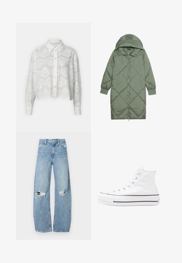 Puchowy, długi, zielony płaszcz z kapturem, z zamkiem błyskawicznym z przodu i dwoma bocznymi kieszeniami. Całość pokryta fakturowanym wzorem diamentowym.; Biała krótka koszula na guziki z haftowanymi wzorami kwiatowymi, kołnierzykiem i długimi rękawami, z wcięciami w kształcie oczek wzdłuż krawędzi.; Jasnoniebieskie, wysokiej talii dżinsy wykonane z denimu. Posiadają szerokie nogawki, dwa podarte miejsca na kolanach oraz klasyczne pięć kieszeni.; Białe wysokie trampki z płótna z czarną gumową podeszwą, przednim czubkiem z gumy i sześcioma dziurkami na sznurowadła, charakteryzujące się prostym, minimalistycznym designem.