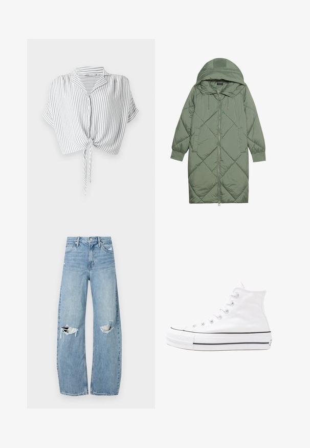 Prostorna dolga zeleni puffer plašč s kapuco, z zadrgo spredaj in dvema stranskima žepoma. Tekstura z diamantnim vzorcem po celotni površini.; Siva in bela črtasta skrajšana majica s kravato spredaj, gumbnim zapiranjem, kratkimi rokavi in ovratnikom, izdelana iz lahkega materiala.; Svijetloplave traperice visoki struk. Imaju široke nogavice, dva poderana područja na koljenima i klasičan petotoksi stil.; Beli visoki platneni športni čevelj z črnim gumijastim podplatom, sprednjim gumijastim zaščitnikom za prste in šestimi luknjicami za vezalke, ki se ponaša s preprostim, minimalističnim dizajnom.