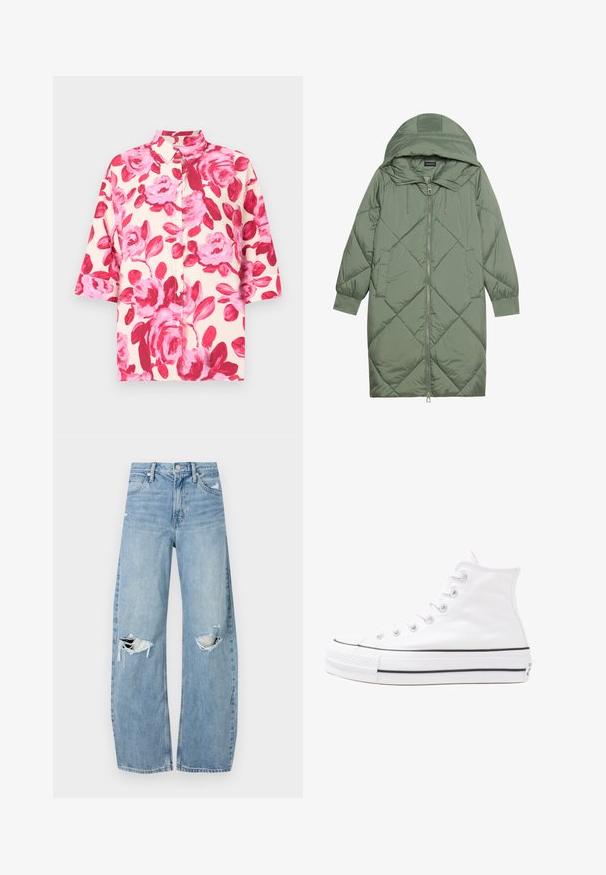 Quiltet lang grønn pufferjakke med hette, med en frontglidelås og to sidelommer. Teksturerte diamantmønster overalt.; Korte ermes skjorte med knapp i kremfarge med stort rosa blomstermønster; har klassisk krage og avslappet passform. Stoffet har en jevn tekstur.; Lyseblå høytlivsjeans laget av denim. Har vide bein, to revne knær og klassisk fem-lommers design.; Hvit høy-skinn kanvas sneakers med svart gummisåle, gummitåhette foran og seks hull for snorer, med et rent, minimalistisk design.