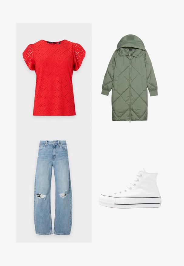 Gequiltede lange groene pufferjas met een capuchon, met een ritssluiting aan de voorkant en twee zijzakken. Gelaagd ruitpatroon overal.; Rode top met korte mouwen met een gestructureerd ontwerp met ruitvormige uitsparingen en een gladde afwerking. ronde halslijn en puffmouwen.; Lichtblauwe, hooggeritste jeans van denim. Beschikken over wijde pijpen, twee gescheurde knievalken en klassieke vijfzakken styling.; Witte high-top canvas sneakers met een zwarte rubberen zool, een rubberen neuskap aan de voorkant en zes gaatjes voor veters, met een schone, minimalistische uitstraling.