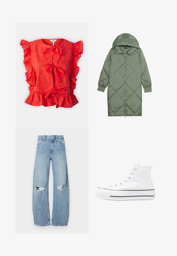 Izšūts garš zaļš pūšļa mētelis ar kapuci, ar priekšējo rāvējslēdzēju un divām sānu kabatām. Visā virsmā ir teksturēta dimanta raksts.; Object OBJCILIE - Blūze - flame scarlet; Gaiši zili, augstās vidukļa džinsi, kas izgatavoti no denima. Iespējas plašas kājas, divas plēstas ceļa daļas un klasiskā piecu kabatu dizains.; Balti augstie kanvas sporta apavi ar melnu gumijas zoli, priekšējo gumijas purngalu un sešām acīm lencēm, kuriem ir tīrs, minimālistisks dizains.